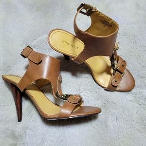 Brown Leather Nine West Heel Sandals Size 9; NWOT
